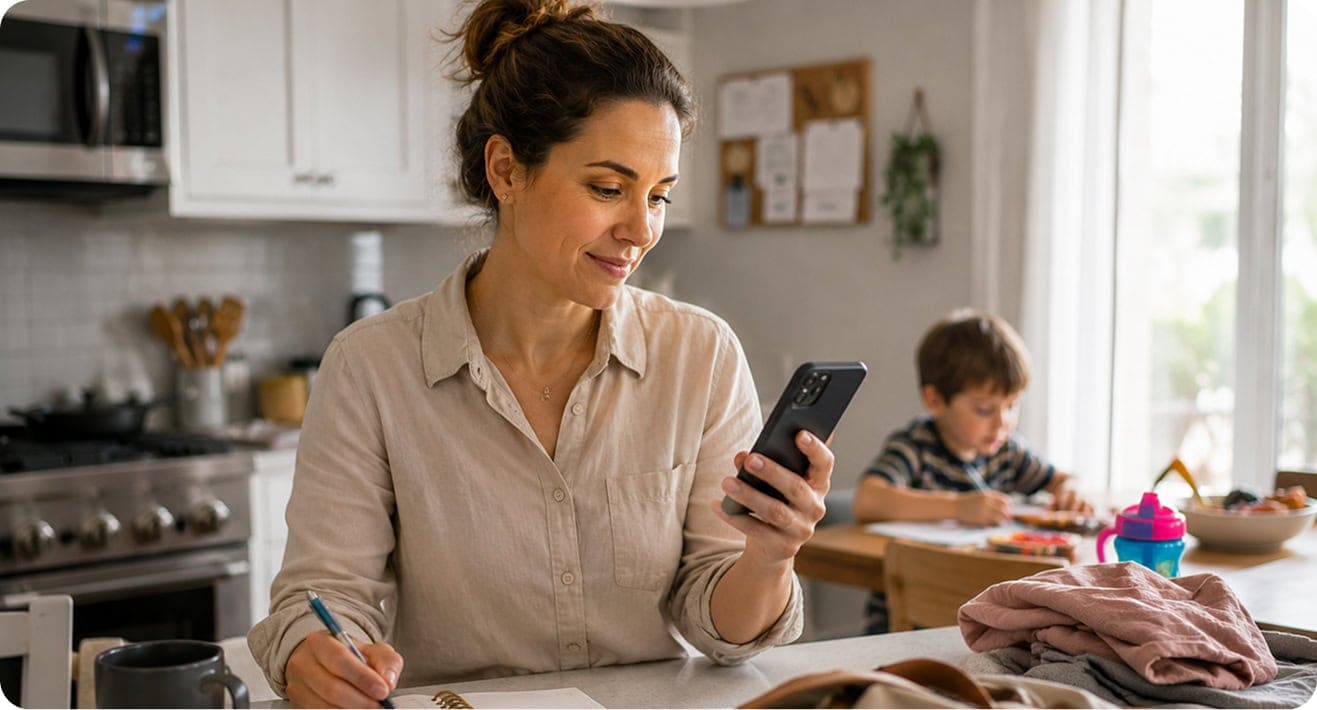 Busy mum using a smartphone to book parking