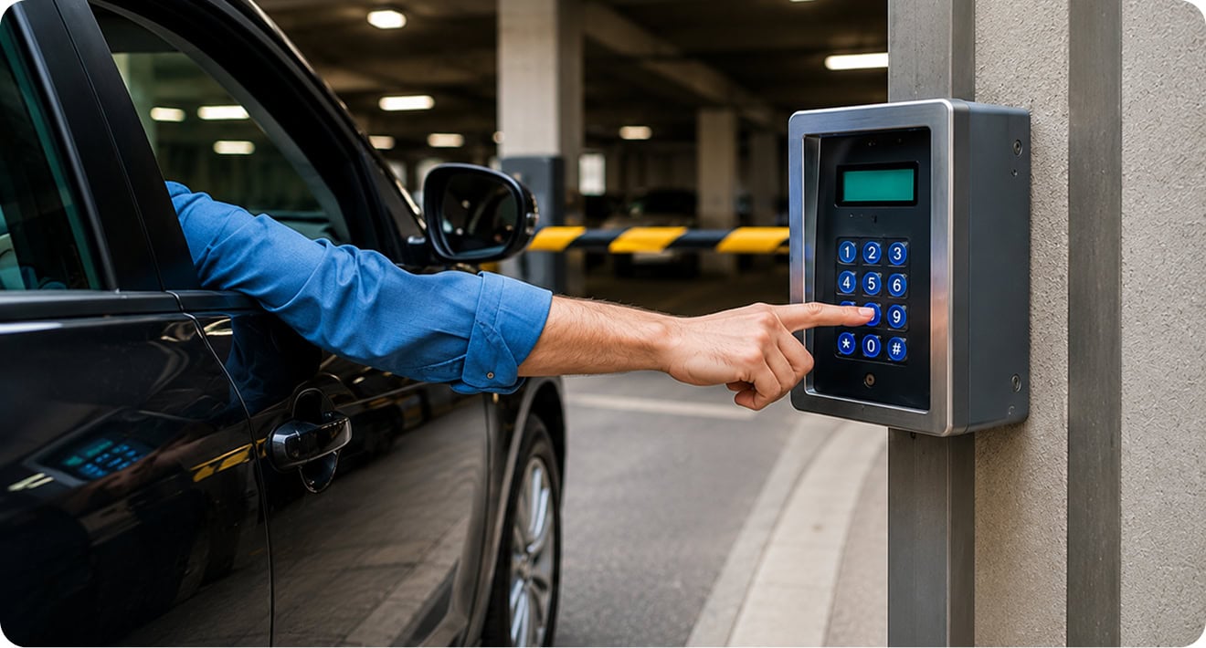 Car park entry with access keypad