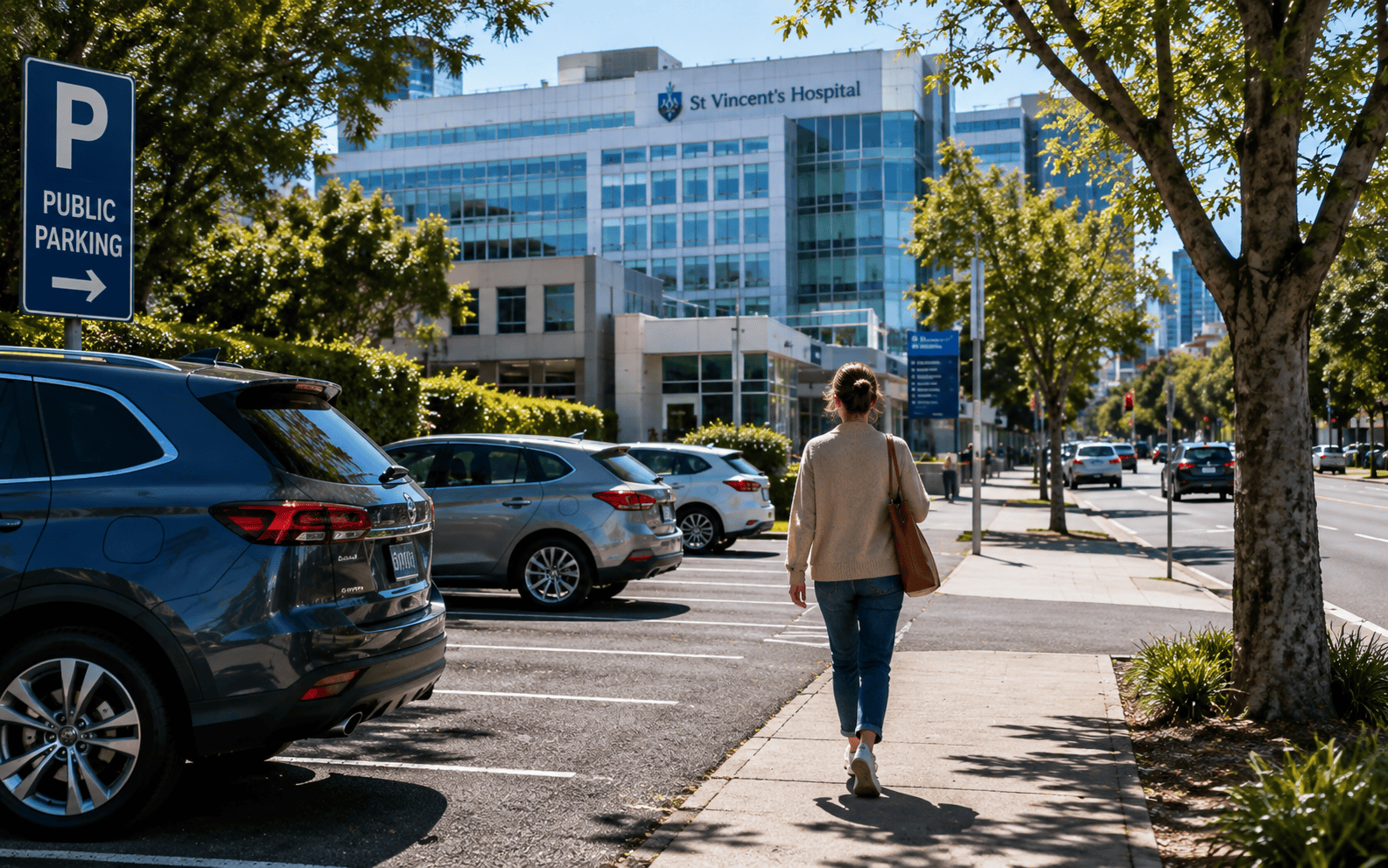 Visitor walking from car parking to a Melbourne hospital
