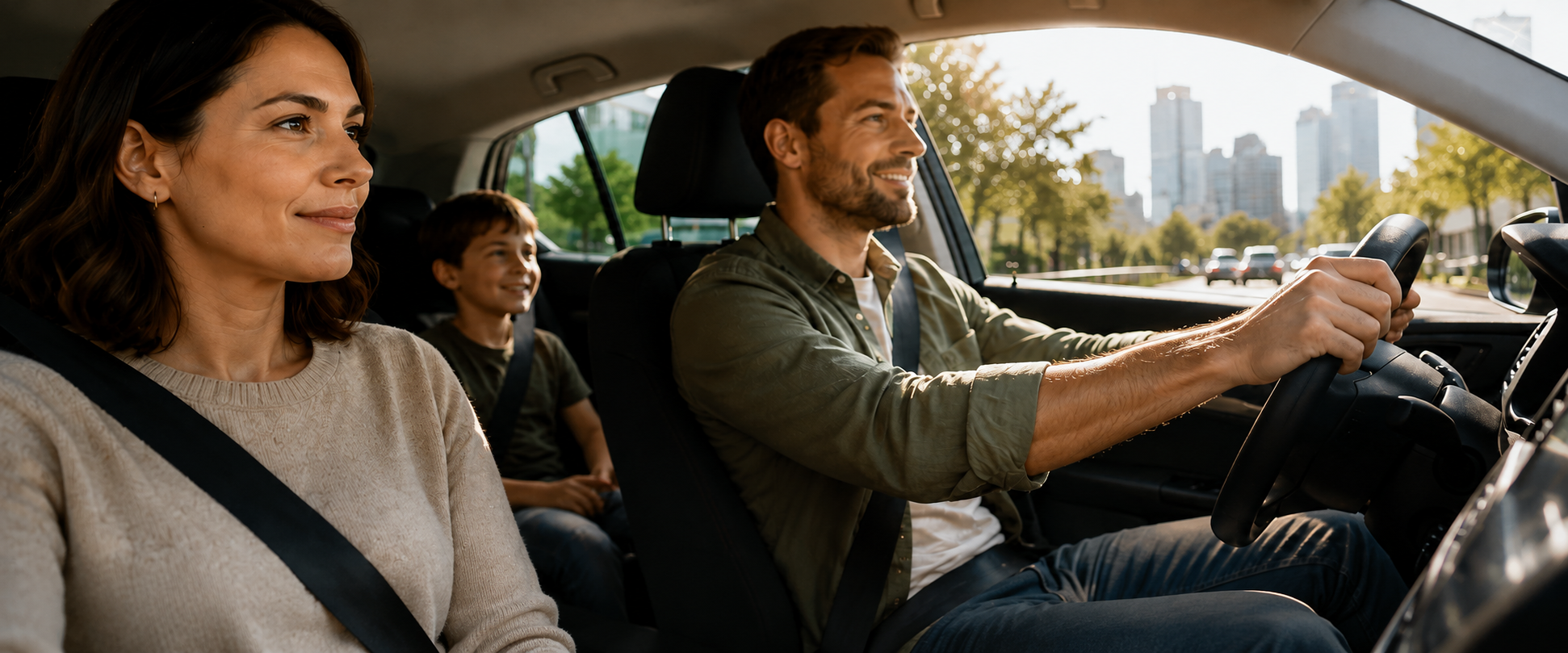 Family enjoying a relaxed car journey after planning their parking in advance.