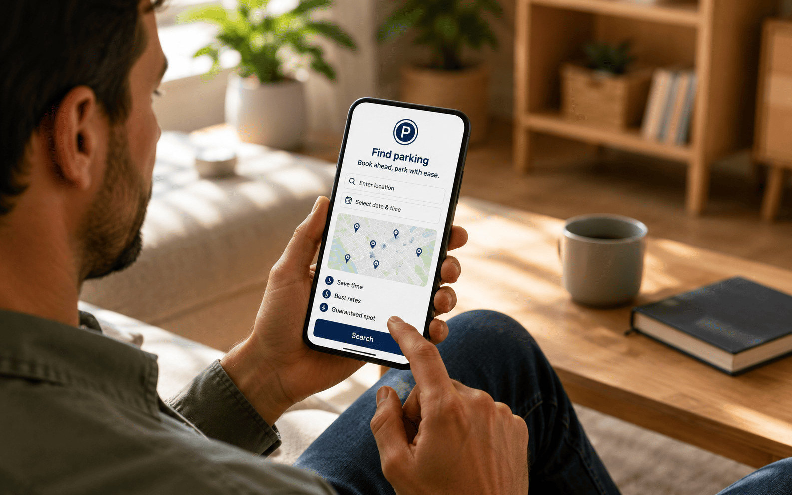 Person using a smartphone to search for and book parking in advance.